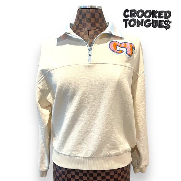 Crooked Tongues Pullover Collared Sweatshirt Small Cream Pastel Asos 1/4 Zip - Picture 1 of 9